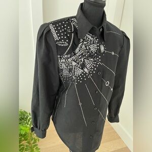 VINTAGE Embellished Black Button Front Blouse Sequins Beads 80's Statement
